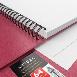 Arteza Watercolor Sketchbooks, 9x12-inch, 2-Pack, Pink Hardcover Journal, 64 Sheets, 140lb/300gsm Watercolor Paper Pad, Spiral Bound Book for Watercolors, Gouache, Acrylics, Pencils, Wet & Dry Media