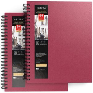 Arteza Watercolor Sketchbooks, 9x12-inch, 2-Pack, Pink Hardcover Journal, 64 Sheets, 140lb/300gsm Watercolor Paper Pad, Spiral Bound Book for Watercolors, Gouache, Acrylics, Pencils, Wet & Dry Media