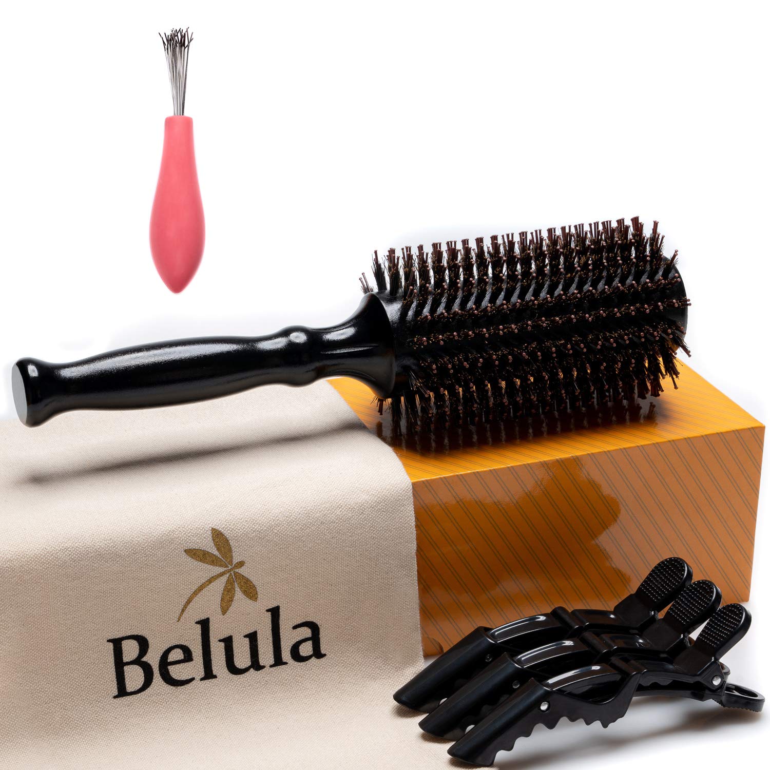 Belula Boar Bristle Round Brush for Blow Drying Set. Round Hair Brush With Medium 2.4" Wooden Barrel. Hairbrush Ideal to Add Volume and Body. Free 3 x Hair Clips & Travel Bag.