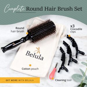 Belula Boar Bristle Round Brush for Blow Drying Set. Round Hair Brush With Medium 2.4" Wooden Barrel. Hairbrush Ideal to Add Volume and Body. Free 3 x Hair Clips & Travel Bag.