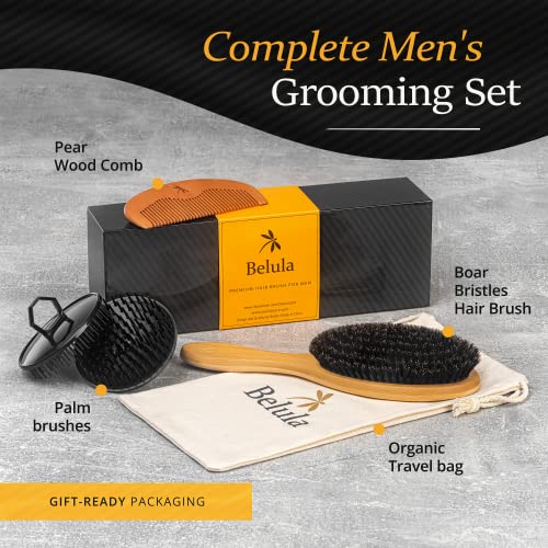 Belula 100% Boar Bristle Hair Brush for Men Set. Soft Hairbrush for Thin, Normal and Short Hair. Boar Bristle Brush and Wooden Comb for Men. Free 2 x Palm Brush & Travel Bag Included.