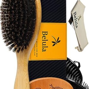 Belula 100% Boar Bristle Hair Brush for Men Set. Soft Hairbrush for Thin, Normal and Short Hair. Boar Bristle Brush and Wooden Comb for Men. Free 2 x Palm Brush & Travel Bag Included.