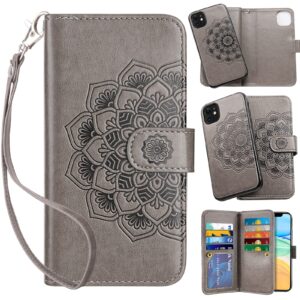 vofolen 2-in-1 case for iphone 11 case wallet credit card holder id slot detachable hybrid protective slim hard shell magnetic pu leather folio pocket flip cover for iphone 11 6.1 inch mandala grey