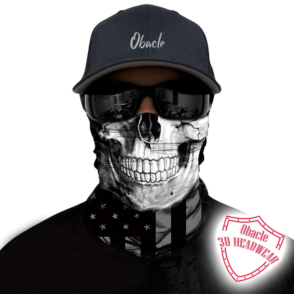 Obacle Skull Face Mask Sun UV Dust Wind Protection Tube Mask Seamless Bandana Skeleton Face Mask for Men Women Bike Riding Motorcycle Cycling Biker Outdoor Festival (Black Gray Skull White Face Flag)