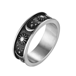 HZMAN 8mm Moon Star Sun Statement Ring Stainless Steel Boho Jewelry for Women Men (Silver, 7)