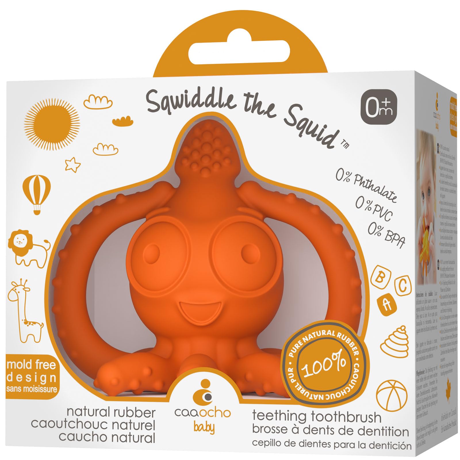 CaaOcho Pure Natural Rubber Teething Gum Massager Baby Toy & Bath Toy - Squid Teether for Babies, Sealed Hole, BPA Free Baby Toy, Hole Free Molar Teether Toy, All Natural Bath Toy