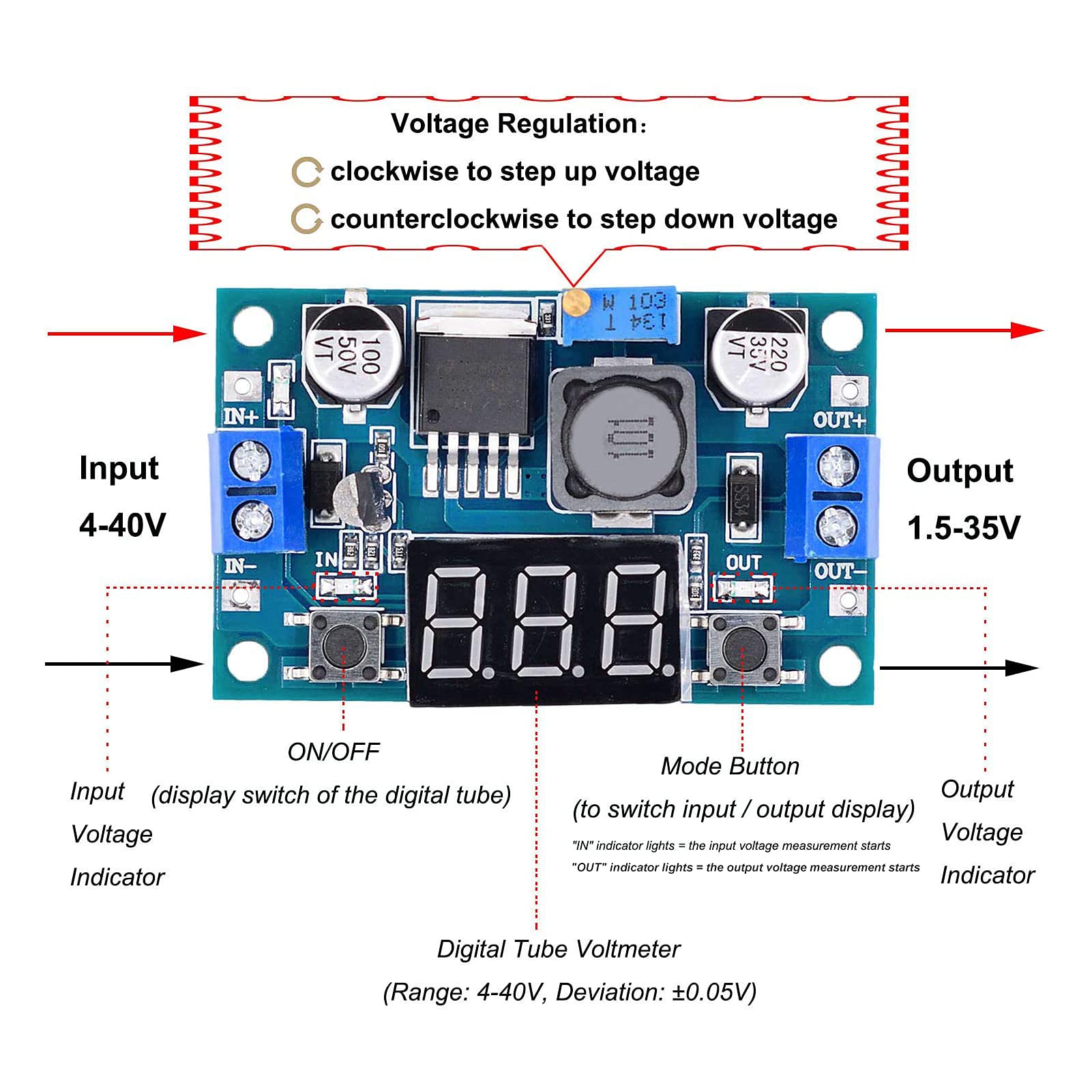 Valefod 3 Pack LM2596 DC to DC Voltage Regulator 4-40V to 1.5-35V Buck Converter with LED Display