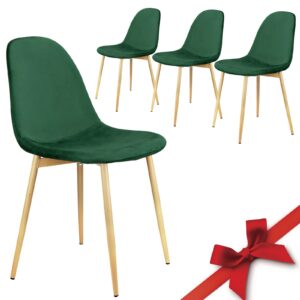 set of 4 mid century modern side dining chairs for kitchen velvet upholstered dining chair with metal legs (dark green)