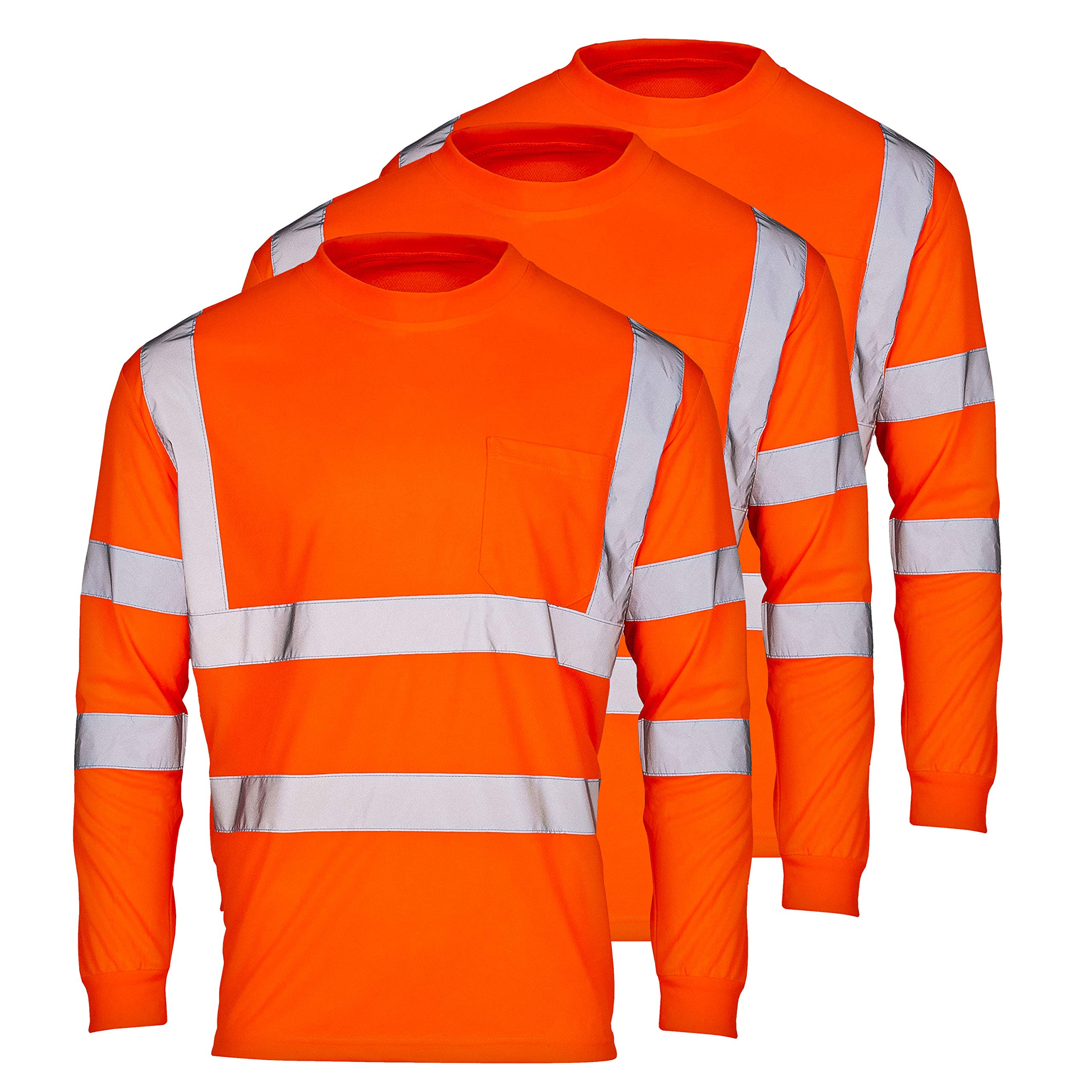 SuNi Apparel High Visibility Shirts for Men - Long Sleeve Construction Hi Vis Reflective Safety Shirts for Men Yellow Orange (L, Orange (3pk))