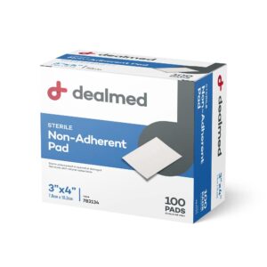 dealmed sterile non-adherent 3" x 4" gauze pads – 100 count (1 pack) non-adhesive wound dressing, highly absorbent, non-stick, individually wrapped for extra protection (box of 100)