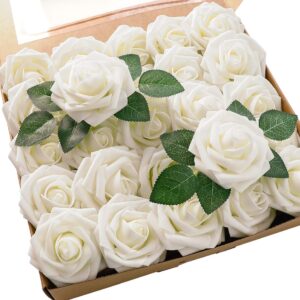 floroom artificial flowers 25pcs real looking ivory foam fake roses with stems for diy wedding bouquets white bridal shower centerpieces arrangements party tables decorations