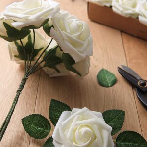 Floroom Artificial Flowers 25pcs Real Looking Ivory Foam Fake Roses with Stems for DIY Wedding Bouquets White Bridal Shower Centerpieces Arrangements Party Tables Decorations