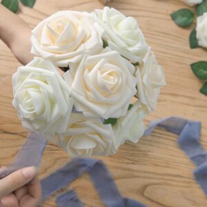 Floroom Artificial Flowers 25pcs Real Looking Ivory Foam Fake Roses with Stems for DIY Wedding Bouquets White Bridal Shower Centerpieces Arrangements Party Tables Decorations