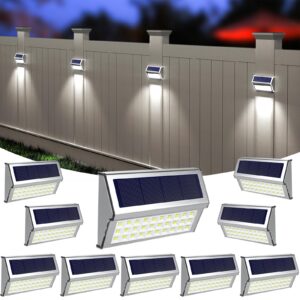 roshwey solar outdoor lights, 10 pack 30 led fence lights waterproof solar powered deck post lamps stainless steel outside step lighting for backyard yard walkway stairs, cool white light