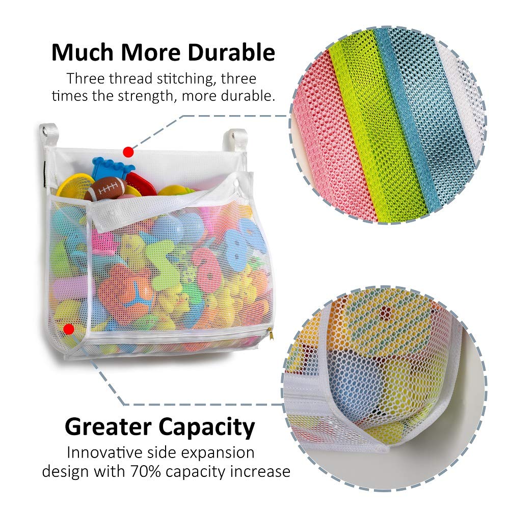 TENRAI Clever Zippered Mesh Bath Toy Organizer, Multiple Ways to Hang, Extra Large Opening Bathroom Toy Holder, Large Capacity Multi Use Bathtub Toy Storage Bag（1 Large, White）