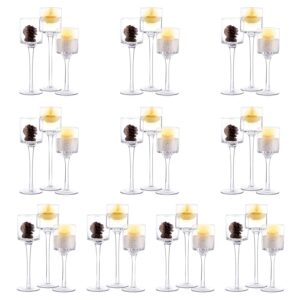 nuptio tall glass pillar candle holder - 30 pcs tea light candle holder set for table centerpiece decor long stem tealight candle holders clear floating candle holder for wedding event home