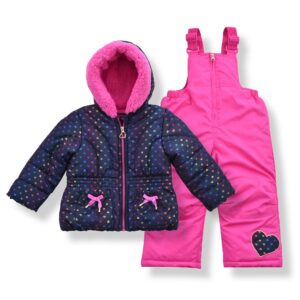 arctic quest toddler girls metallic rainbow heart print snowsuit fleece lined hooded jacket and bib set, navy blue & pink, 5/6