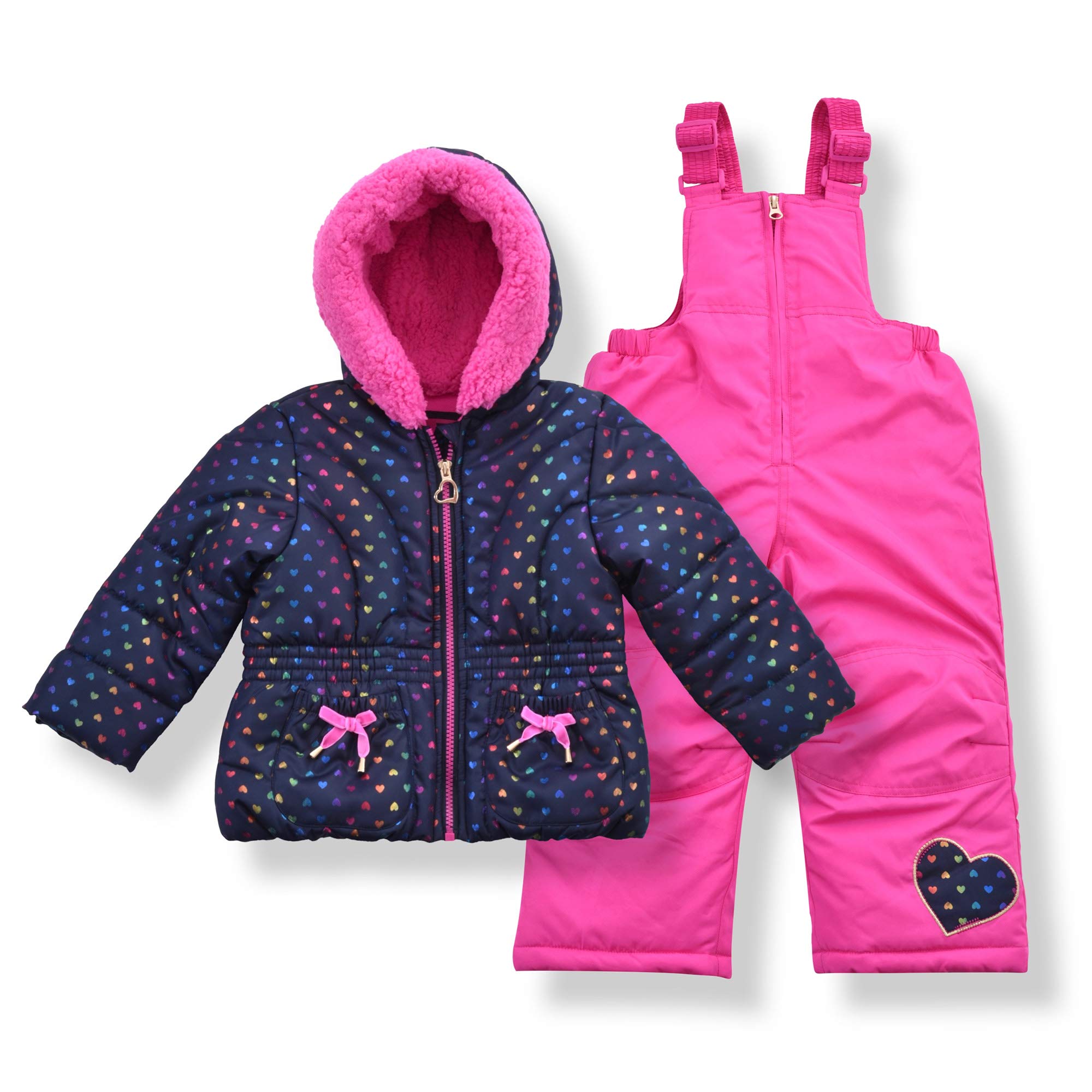 Arctic Quest Toddler Girls Metallic Rainbow Heart Print Snowsuit Fleece Lined Hooded Jacket and Bib Set, Navy Blue & Pink, 5/6