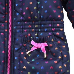 Arctic Quest Toddler Girls Metallic Rainbow Heart Print Snowsuit Fleece Lined Hooded Jacket and Bib Set, Navy Blue & Pink, 5/6