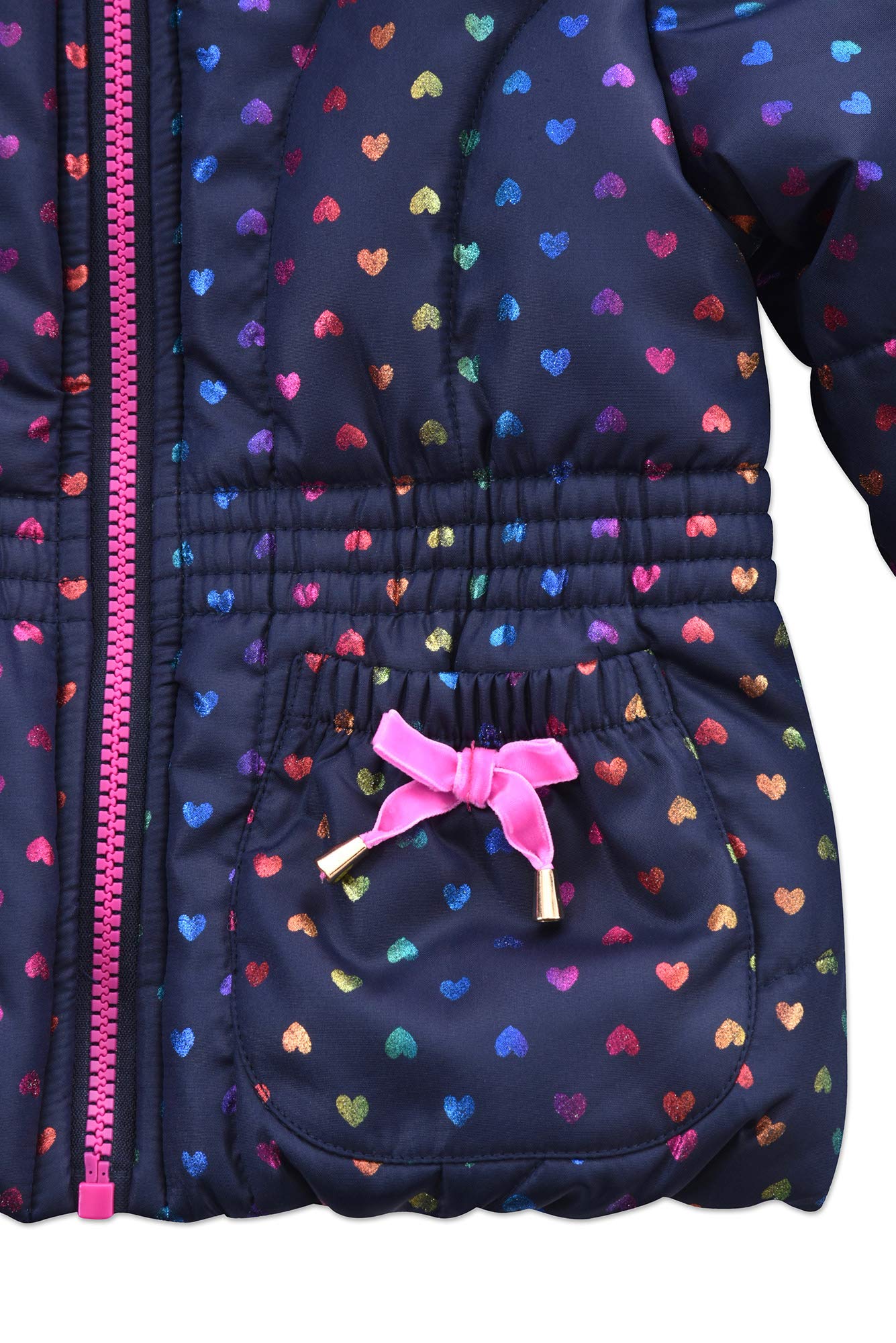 Arctic Quest Toddler Girls Metallic Rainbow Heart Print Snowsuit Fleece Lined Hooded Jacket and Bib Set, Navy Blue & Pink, 5/6