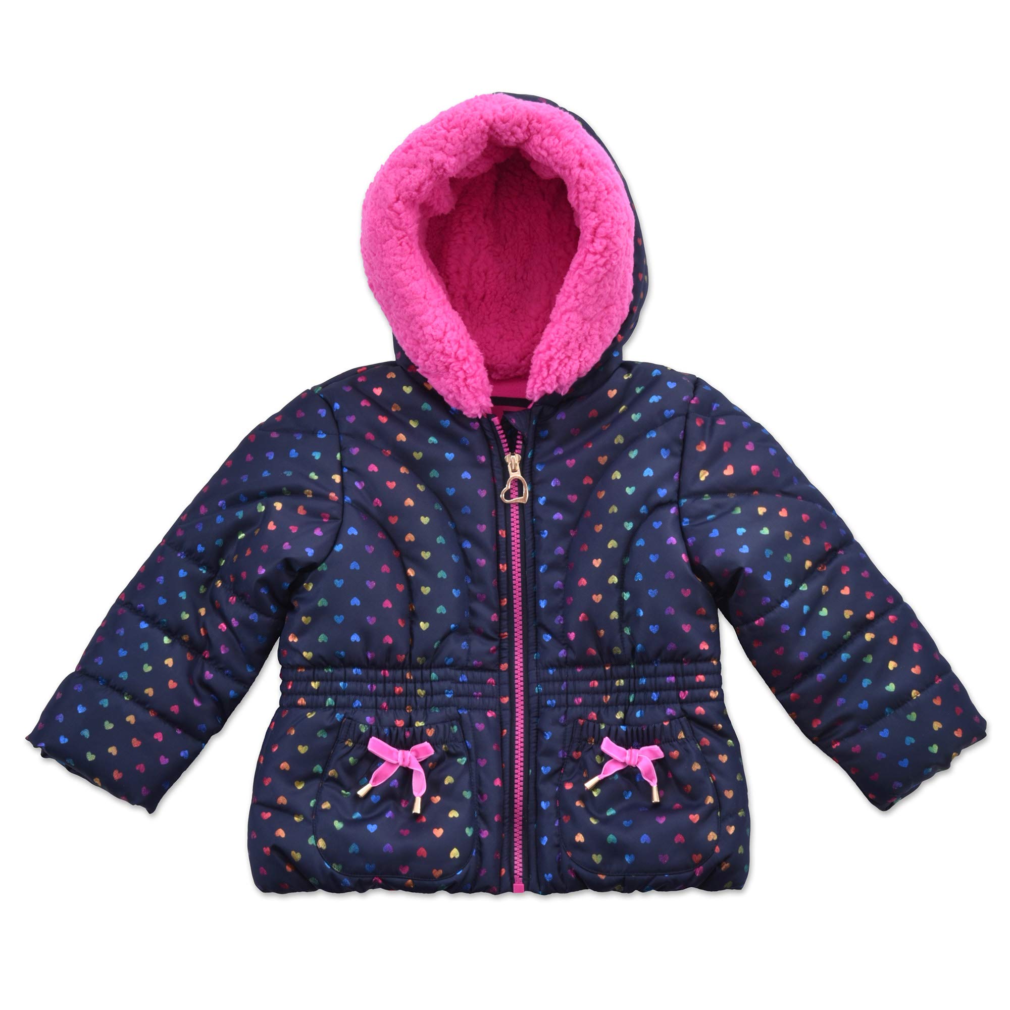 Arctic Quest Toddler Girls Metallic Rainbow Heart Print Snowsuit Fleece Lined Hooded Jacket and Bib Set, Navy Blue & Pink, 5/6