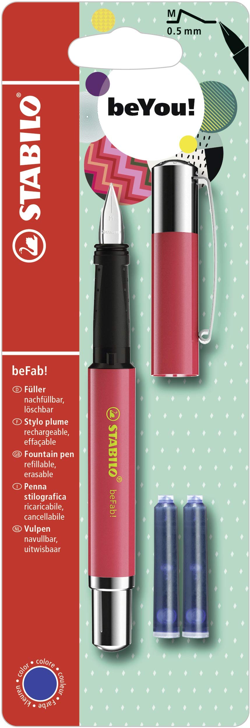 STABILO Fountain Pen beFab! Uni Colors - Watermelon Splash + 3 ink cartridges blue