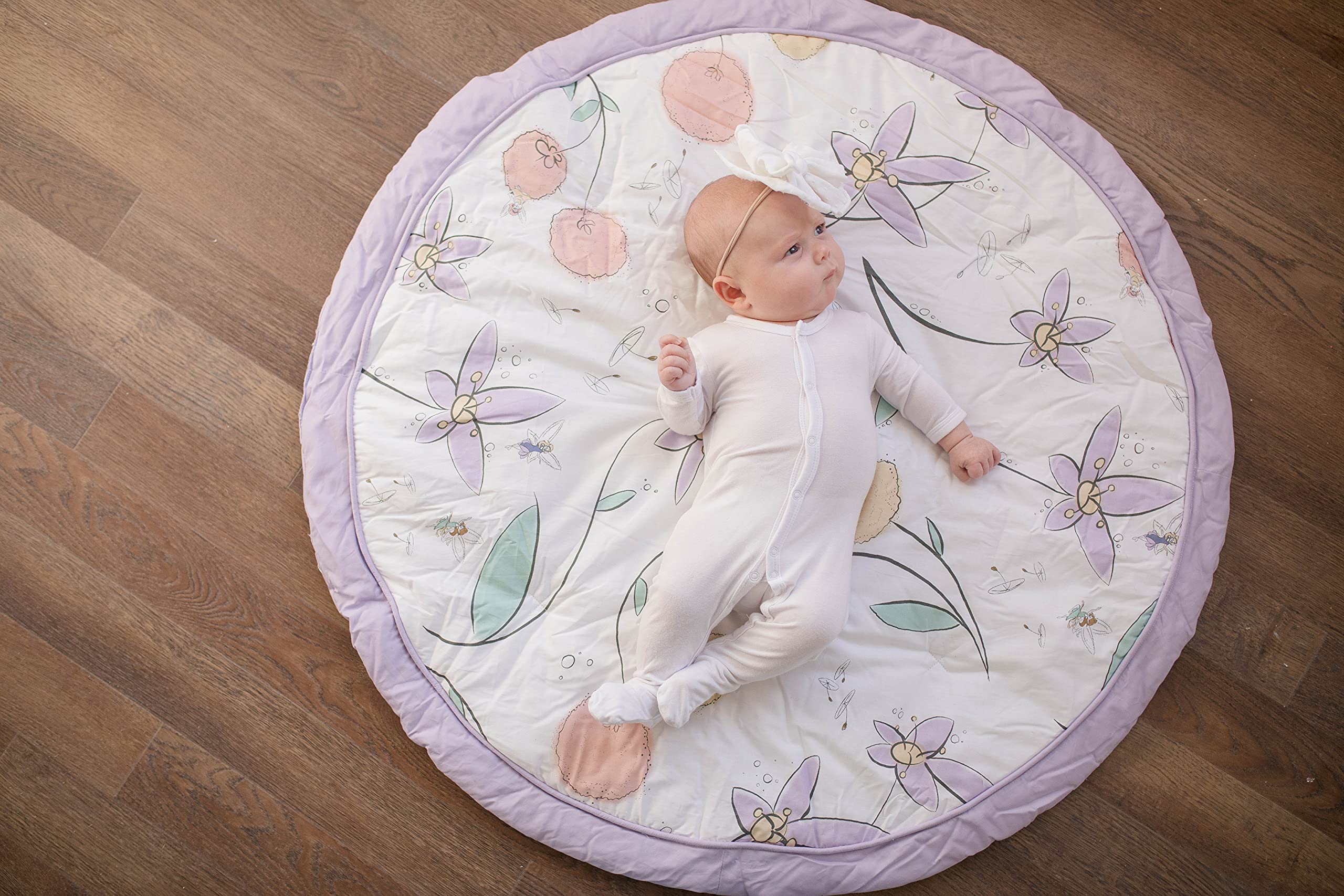 JumpOff Jo – Baby Quilted Floor Mat for Tummy Time Play, Soft & Safe Crawling Mat for Babies, 36" Portable Baby Play Mat for Playdates, Traveling - Fairy Blossom Pink