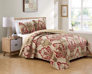 kids zone home linen bedspread set damask pattern taupe burgundy brown new (king/california king)