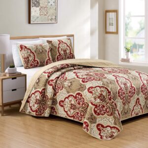 Kids Zone Home Linen Bedspread Set Damask Pattern Taupe Burgundy Brown New (King/California King)