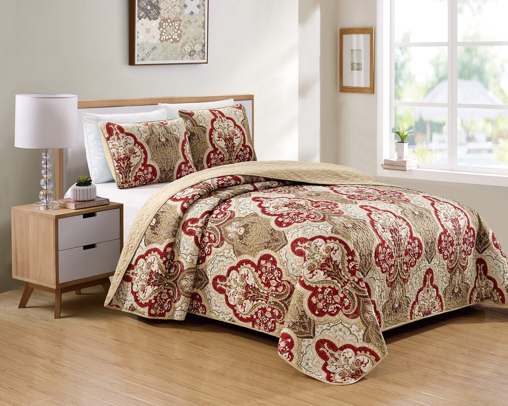 Kids Zone Home Linen Bedspread Set Damask Pattern Taupe Burgundy Brown New (King/California King)