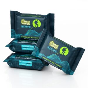 combat wipes active outdoor wet wipes - extra thick camping gear, biodegradable, body & hand cleansing/refreshing cloths for backpacking & gym w/natural aloe & vitamin e(4 packs, 25 wipes each)