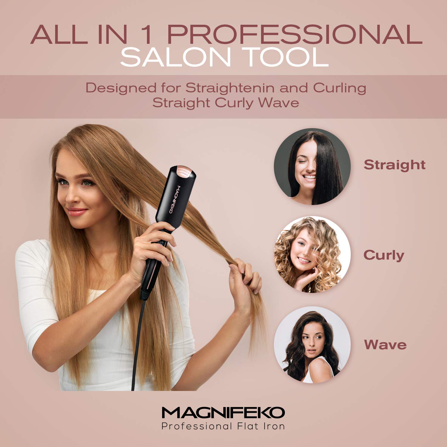 Magnifeko Professional Flat Iron Hair Straightener Wide Plate & Digital Display - Dual Voltage Titanium Hair Straighteners (Black Rosegold)