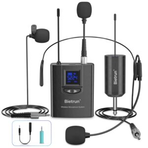 bietrun uhf wireless lavalier lapel microphone system/headset mic/stand mic, 165ft range, rechargeable transmitter receiver, 1/4" output, for iphone,android,pa speaker,dslr camera,youtube, recording