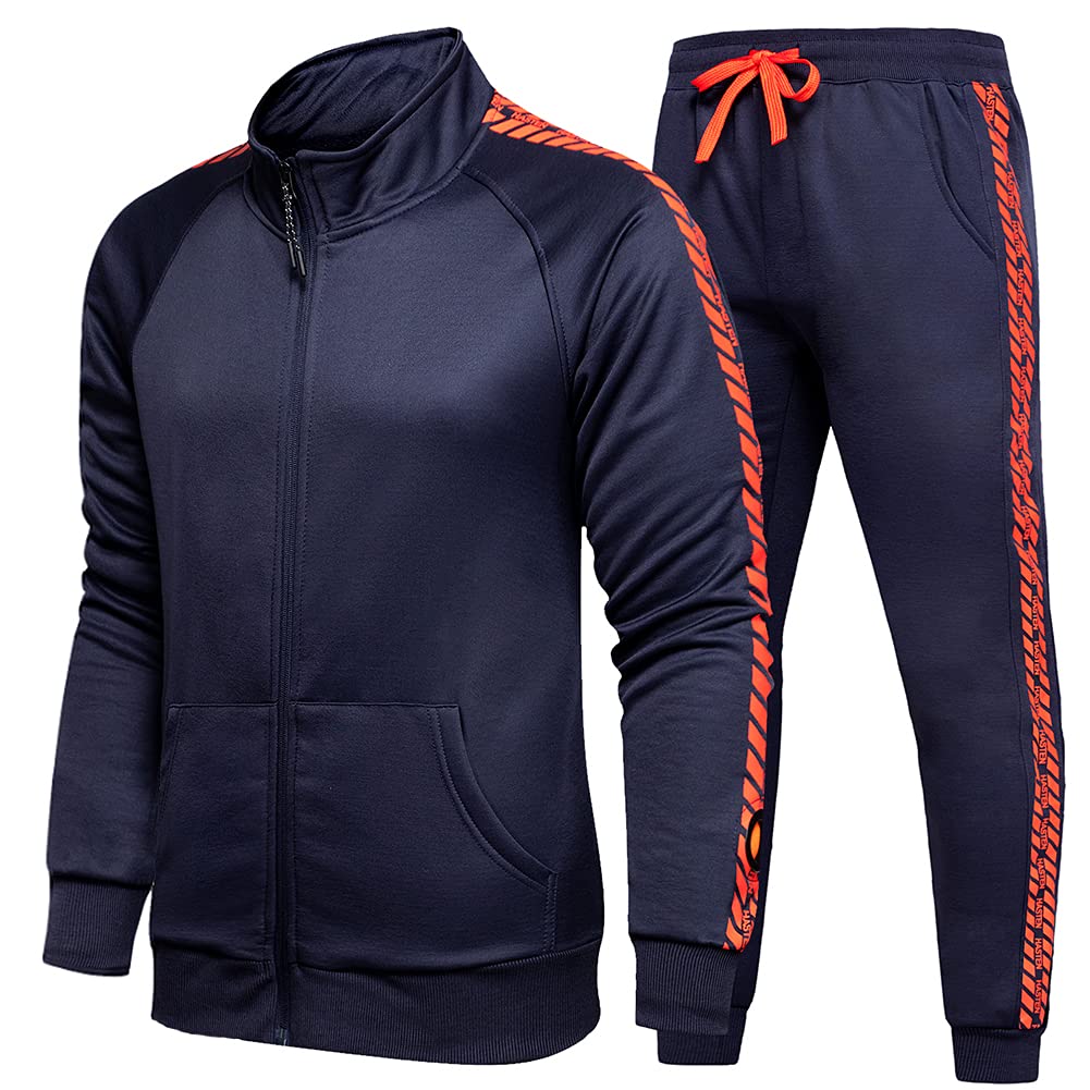 DUOFIER Men Running Jogging Track Suit Jacket and Pants Warm up Pants Gym Training Wear, Blue-XL