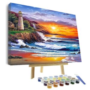 vigeiya diy paint by numbers for adults include framed canvas and wooden easel with brushes and acrylic pigment mother's day gift 16x20inch (sunset)