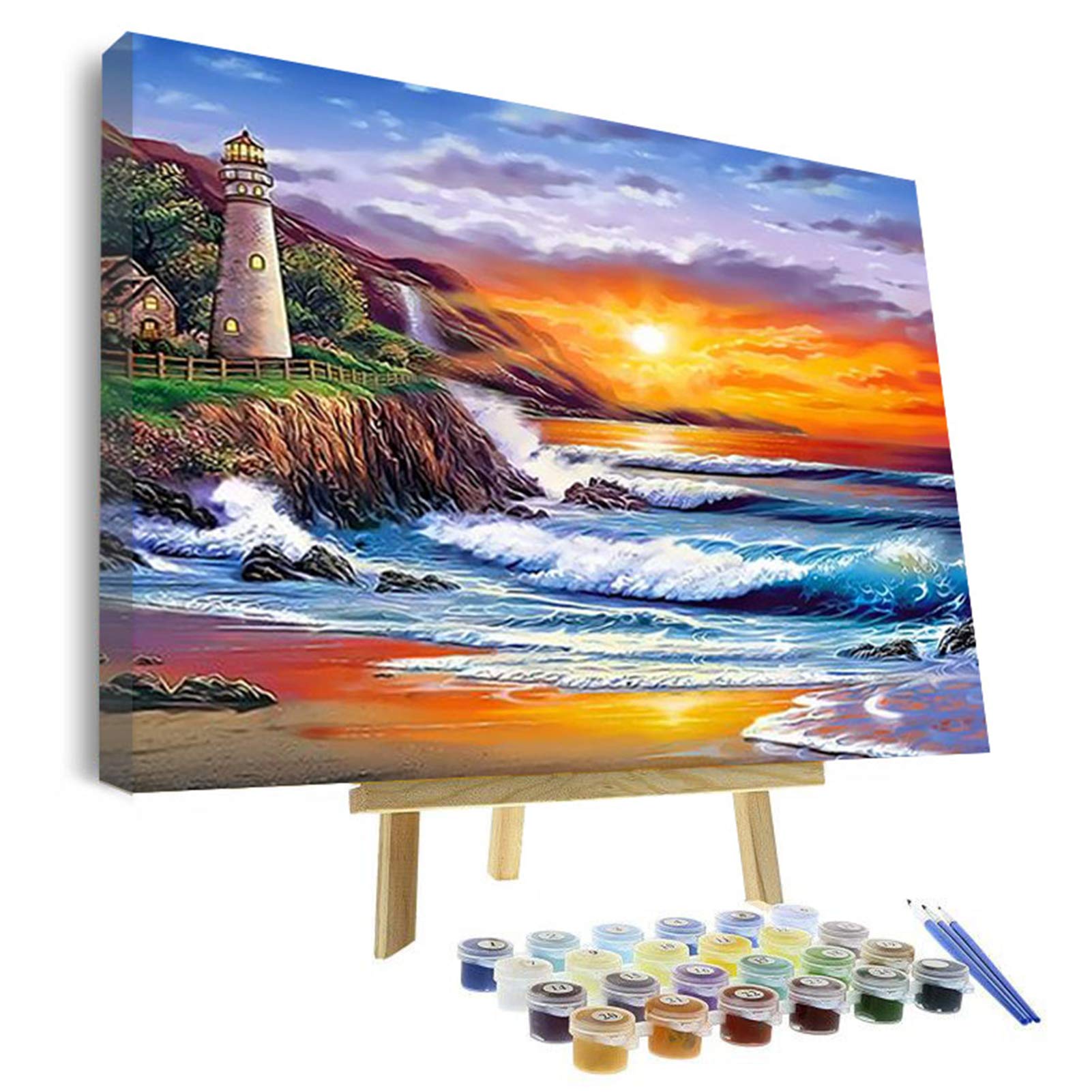 VIGEIYA DIY Paint by Numbers for Adults Include Framed Canvas and Wooden Easel with Brushes and Acrylic Pigment Mother's Day Gift 16x20inch (Sunset)