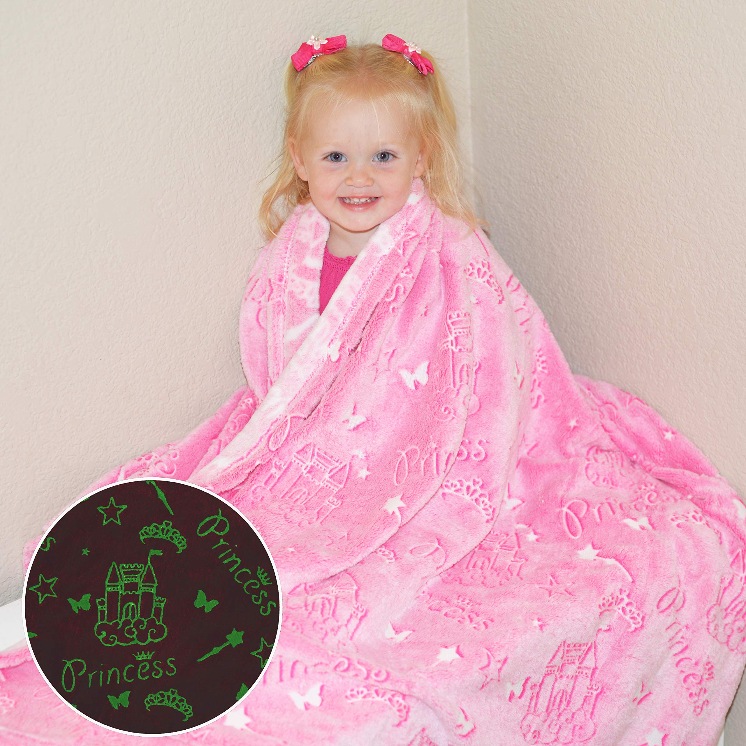 Princess Blanket Glow in The Dark Luminous Magical Blanket for Little Girls - Soft Plush Pink Fantasy Castle Blanket Throw for Kids - Large 60in x 50in Glowing Stars Blankets Gift for Girls