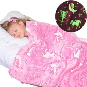 unicorn blanket glow in the dark luminous fairy blanket for kids - soft plush pink fantasy star blanket throw - large 60in x 50in glowing magical blankets gift for girls (pink unicorn and fairy)