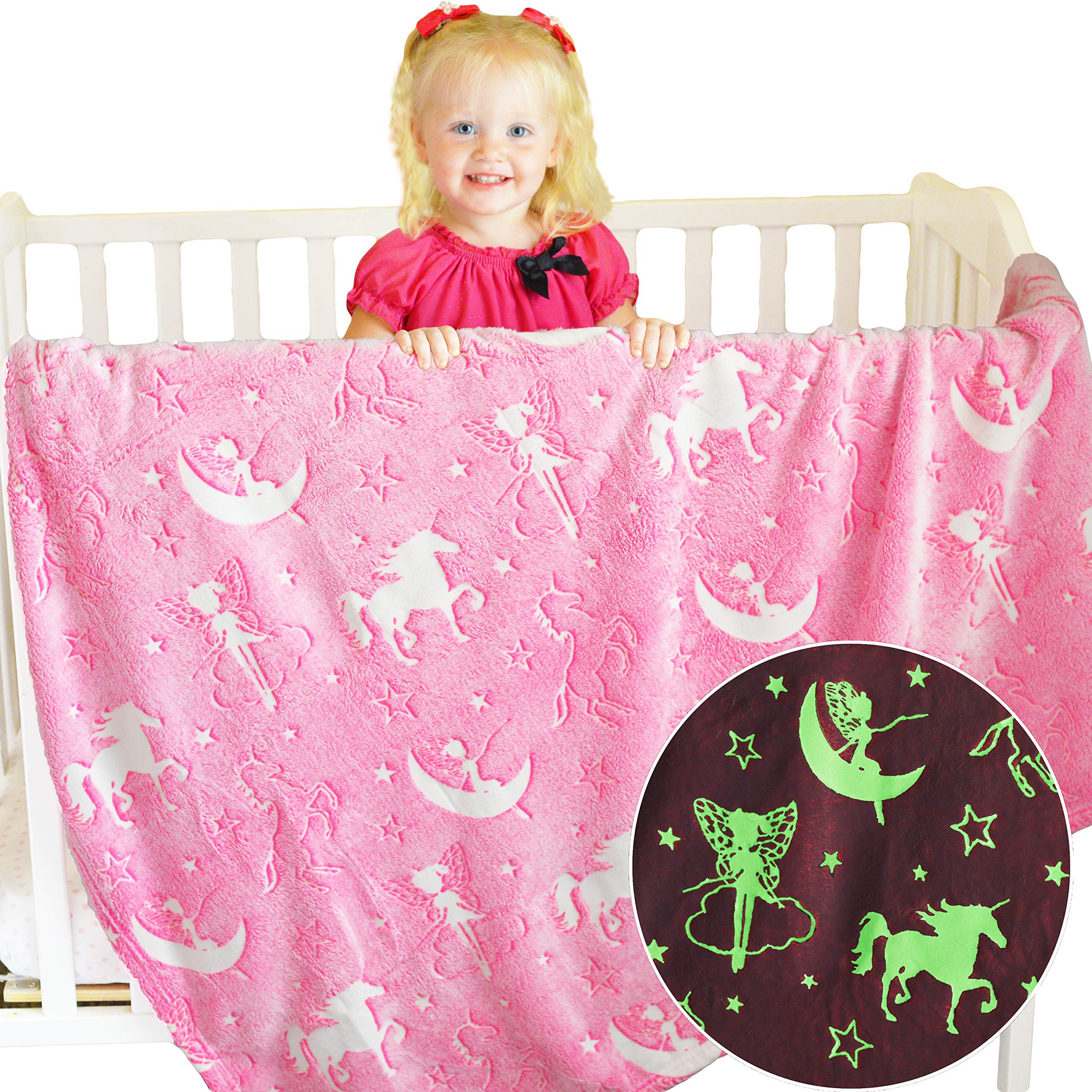 Unicorn Blanket Glow in The Dark Luminous Fairy Blanket for Kids - Soft Plush Pink Fantasy Star Blanket Throw - Large 60in x 50in Glowing Magical Blankets Gift for Girls (Pink Unicorn and Fairy)