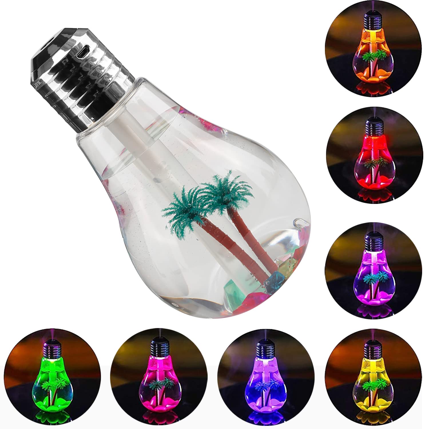 7 Colors USB Air Humidifier Bulb Lamp Shape Decorative Lights Diffuser Purifier Atomizer With Colorful LED Night Light for Office Desk Bedroom Living Room Home Decor (Silver)