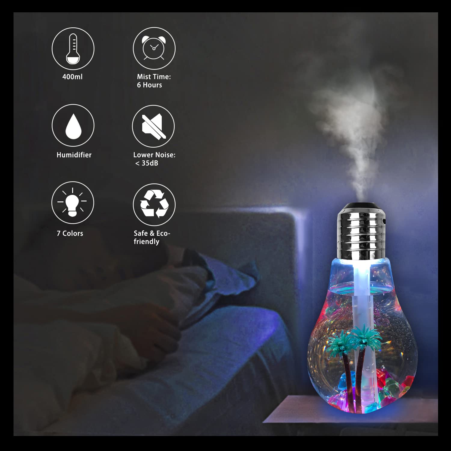 7 Colors USB Air Humidifier Bulb Lamp Shape Decorative Lights Diffuser Purifier Atomizer With Colorful LED Night Light for Office Desk Bedroom Living Room Home Decor (Silver)