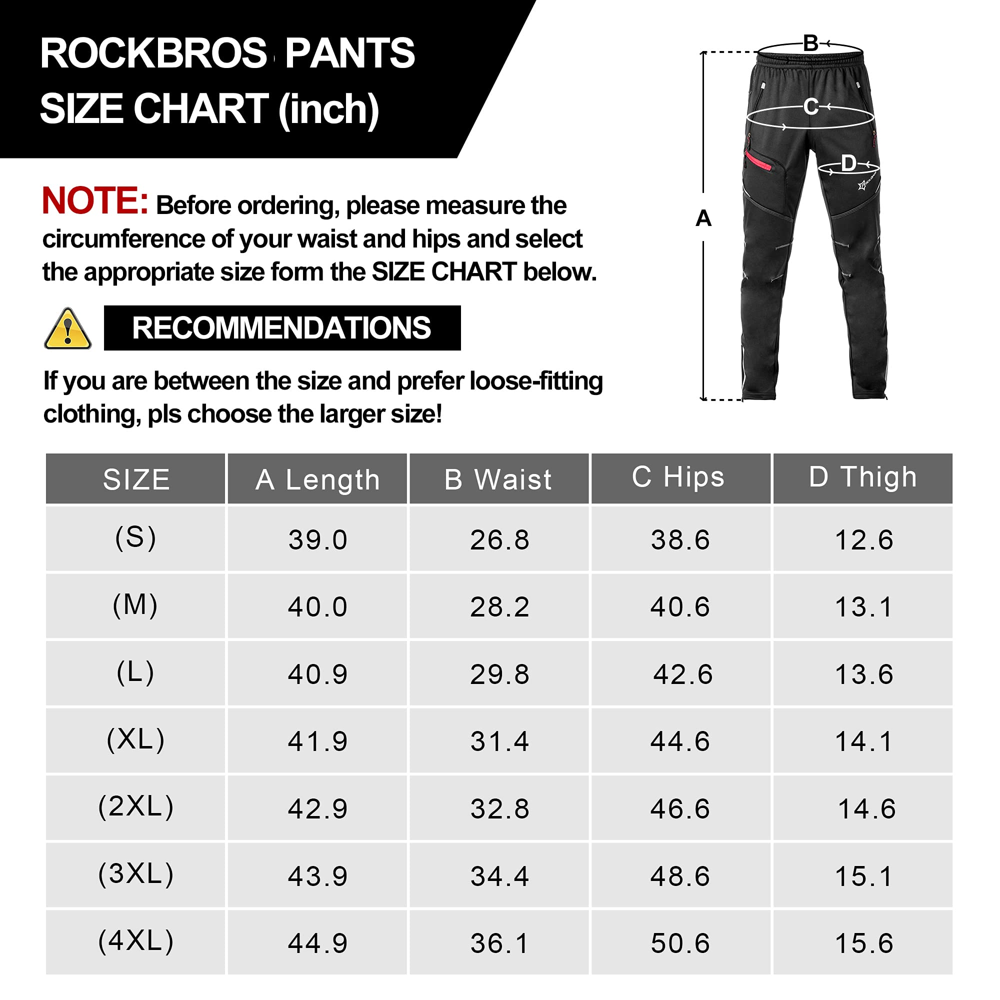 ROCKBROS Cycling Pants for Men Windproof Thermal Fleece Winter Athletic Bike Pants Cold Weather for Running Hiking Black