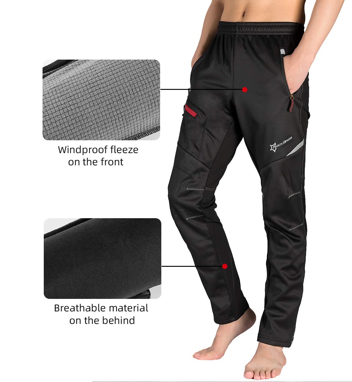 ROCKBROS Cycling Pants for Men Windproof Thermal Fleece Winter Athletic Bike Pants Cold Weather for Running Hiking Black