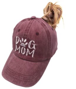 manmesh hatt dog mom ponytail baseball cap messy bun vintage washed distressed twill plain hat for women (red, one size)