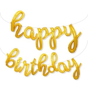 gold happy birthday balloons banner | script/cursive gold letter balloon sign for birthday party decor/decoration | foil mylar happy birthday banner (gold)