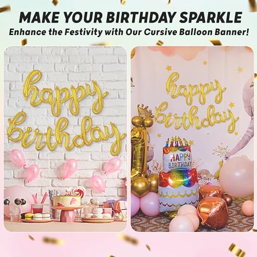 Gold Happy Birthday Balloons Banner | Script/Cursive Gold Letter Balloon Sign for Birthday Party Decor/Decoration | Foil Mylar Happy Birthday Banner (Gold)