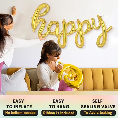 Gold Happy Birthday Balloons Banner | Script/Cursive Gold Letter Balloon Sign for Birthday Party Decor/Decoration | Foil Mylar Happy Birthday Banner (Gold)