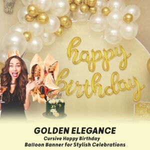 Gold Happy Birthday Balloons Banner | Script/Cursive Gold Letter Balloon Sign for Birthday Party Decor/Decoration | Foil Mylar Happy Birthday Banner (Gold)