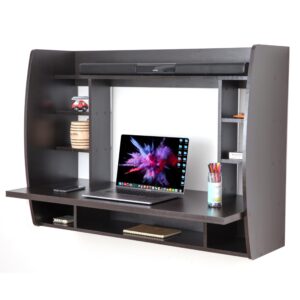 basicwise wall mount laptop office desk with shelves, black,