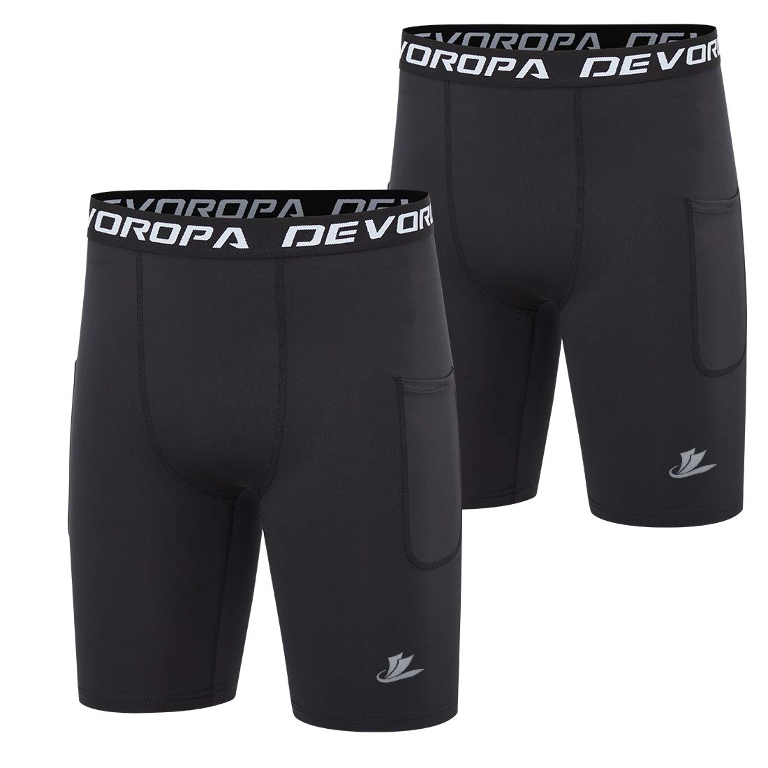 DEVOROPA Youth Boys' Compression Shorts Performance Athletic Base Layers Workout Training Underwear Side Pocket Black/Black M (Pack of 2)